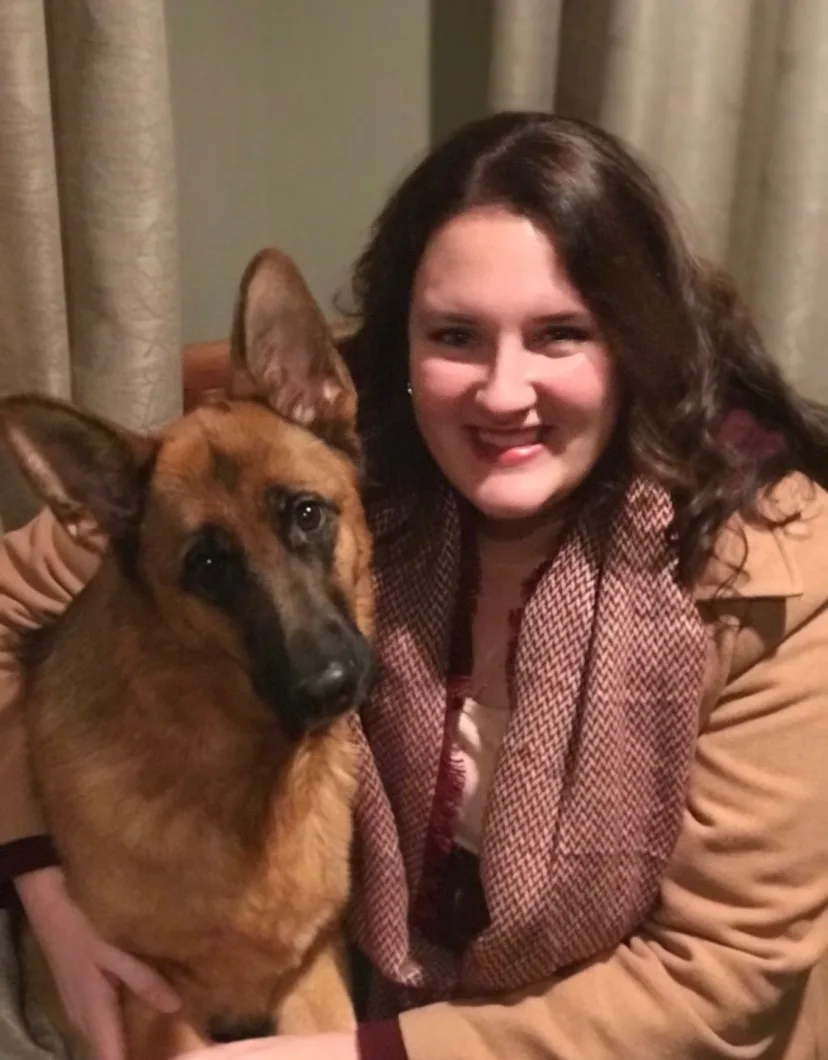 Melissa with german shepherd on her right